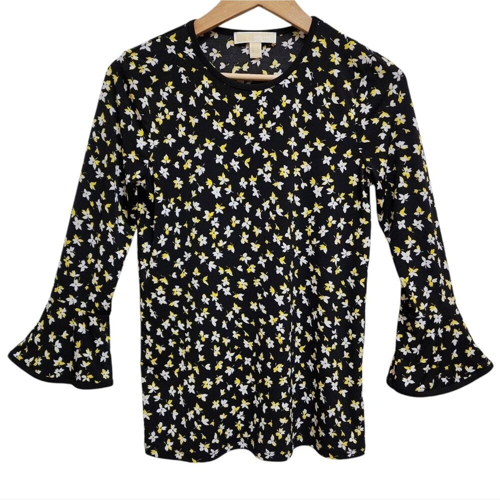 Michael Kors Black Yellow Floral Lilies 3/4 Bell Slv Top Women Size S Stretch